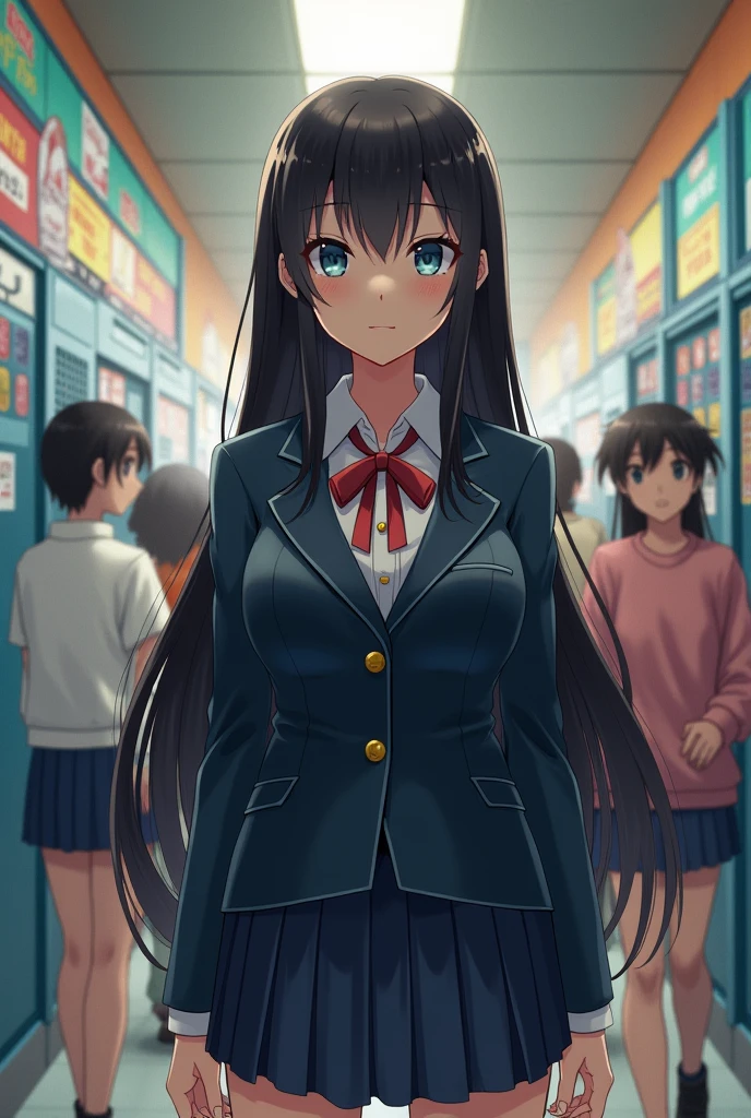 A female anime character with long black hair, a flat expression, wearing a school uniform, and large breasts.