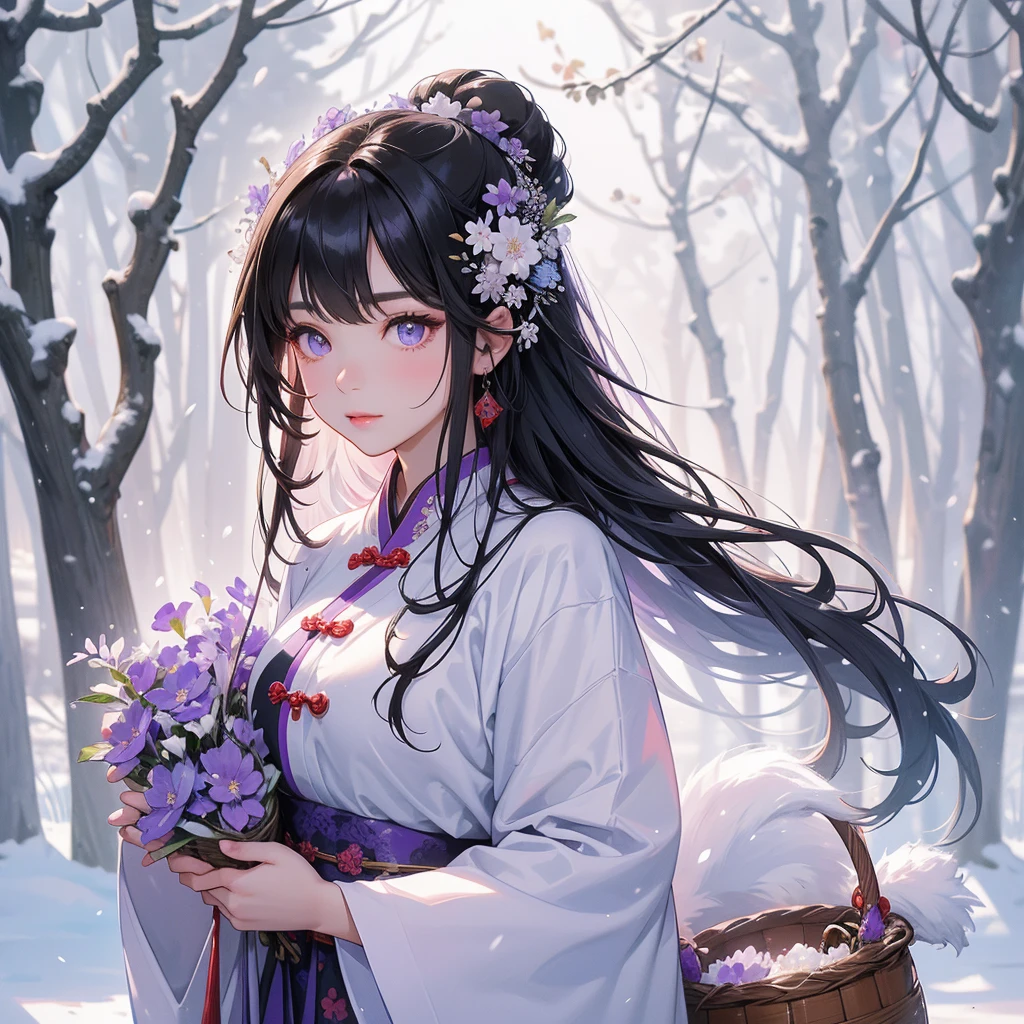 A beautiful girl with black long hair, Dressed in violet traditional Chinese clothing in winter , holding a basket full of flowers in a forest covered in white snowstorms. A very strong blizzard The trees were completely covered with white snow, with the sun shining on her face, close up.