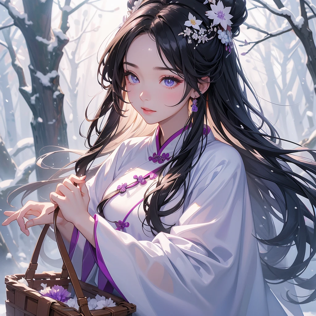 A beautiful girl with black long hair, Dressed in violet traditional Chinese clothing in winter , holding a basket full of flowers in a forest covered in white snowstorms. A very strong blizzard The trees were completely covered with white snow, with the sun shining on her face, close up.