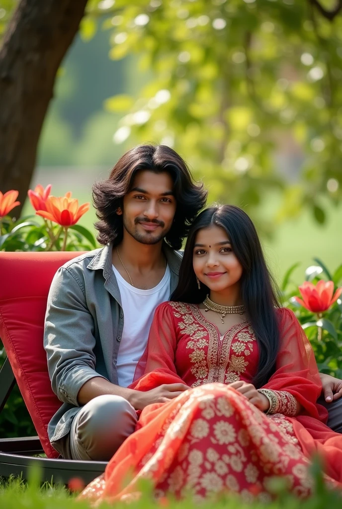 A Indian boy with thick black long hair is sitting on a red long chair in a park and he is wearing a grey shirt and white t-shirt and on his lap is sitting a 20 years old beautiful Arabian girl who is wearing an Indian suit and both are looking around towards the camera looking at beautiful scenery picture