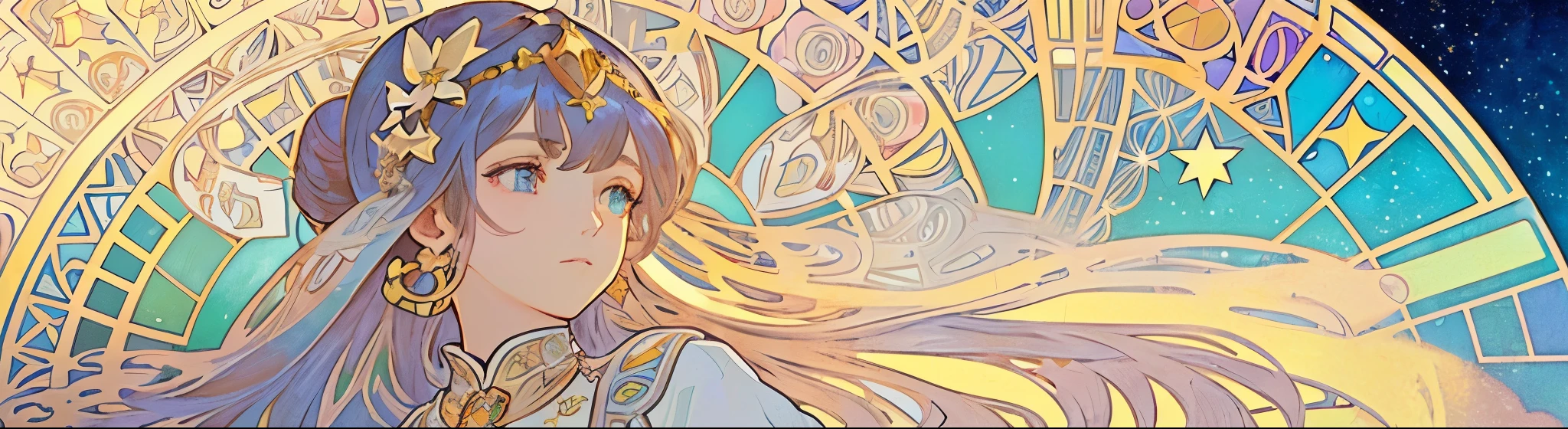 1 girl, (masterpiece, highest quality, highest quality, beautiful and aesthetic: 1.2), (1 girl: 1.3), lots jewelry, delicate clothing, square picture frame, ((face)), sharp pupils, cool face, ((Alphonse Mucha's)), Traditional Arab dress, color hairstyle, Ultra-detailed, Soft Light, Gentle colors, solo, Bun Hair, dynamic, (((geometric star patterns in the background))), face