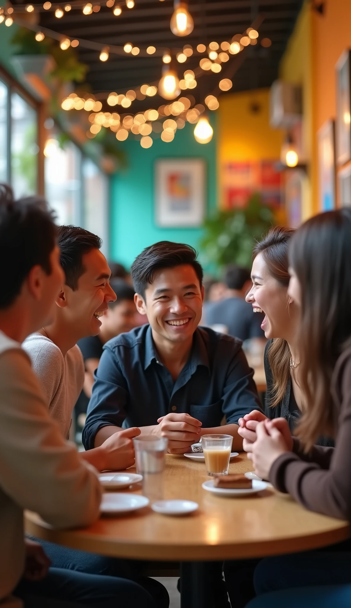 Image of many people laughing at a 22 year old Vietnamese man because when asked how much his salary was, he just smiled slightly.