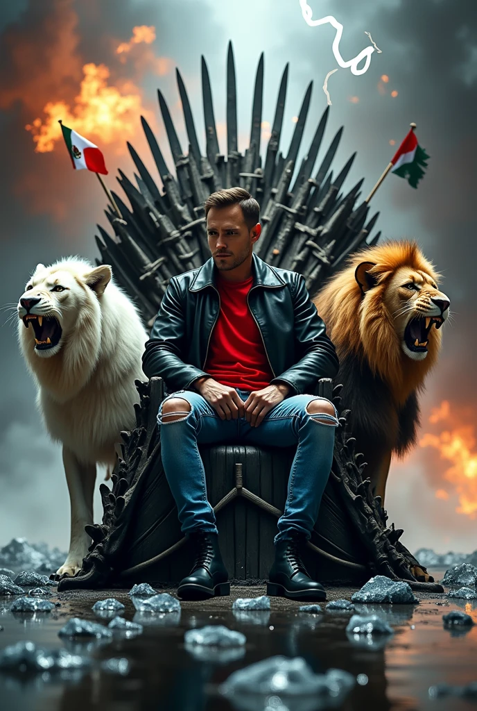 Create a man in his 30s with ripped jeans , Wearing a red polo shirt and a black leather jacket, sitting on the Iron Throne with black boots , Next to him there are two lions, one white and one brown, roaring, and two Mexican flags between his hands and shoulders.,On the left side there is a dragon breathing fire while flying, and on the right side a dragon flying and shooting lightning from its mouth.. You can see the text "OMEY" There are melted ice cubes with water on the floor. Everything is well detailed, Luxury premiere style. Camera shot of 10k