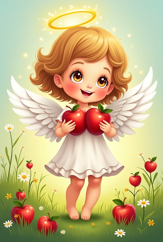 drawn drawing, Sticker, in the style of illustration
Beautiful little angel - child in the grass, Sticker, light eyes, halo overhead, smile, Sticker, apples in hand