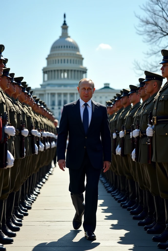 Vladimir putin walks in the Washington with his soldiers