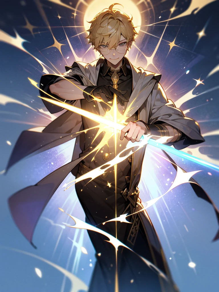 A male,Humanity,Magician,Magic Wand,23 years old,blonde short hair,Glasses,Bright smile,Robe,European style,Stone Pillar,Elemental magic,((dynamic poses)),Rendering,Super details,Upper Body,movie lighting effects,best picture