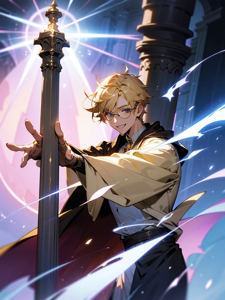 A male,Humanity,Magician,Magic Wand,23 years old,blonde short hair,Glasses,Bright smile,Robe,European style,Stone Pillar,Elemental magic,((dynamic poses)),Rendering,Super details,Upper Body,movie lighting effects,best picture