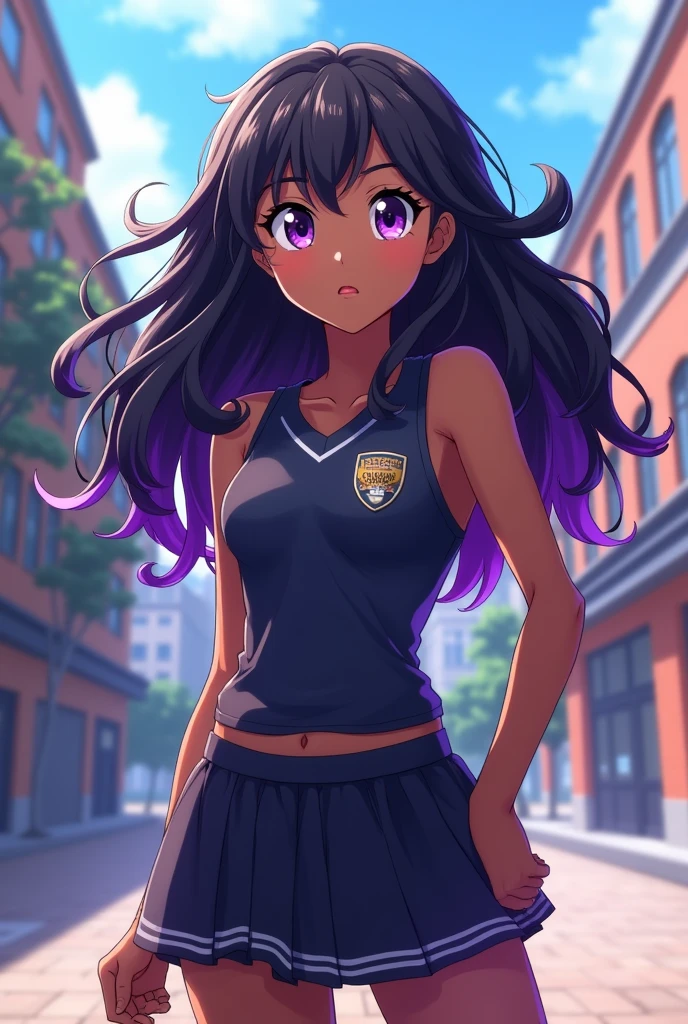 Boku No Héroe Academia screenshot of a girl with brown skin and wavy, jet-black hair with some purple streaks, Purple eyes with coffee and with the powers of Miss Heed from the Villanos series, wearing the UA school uniform