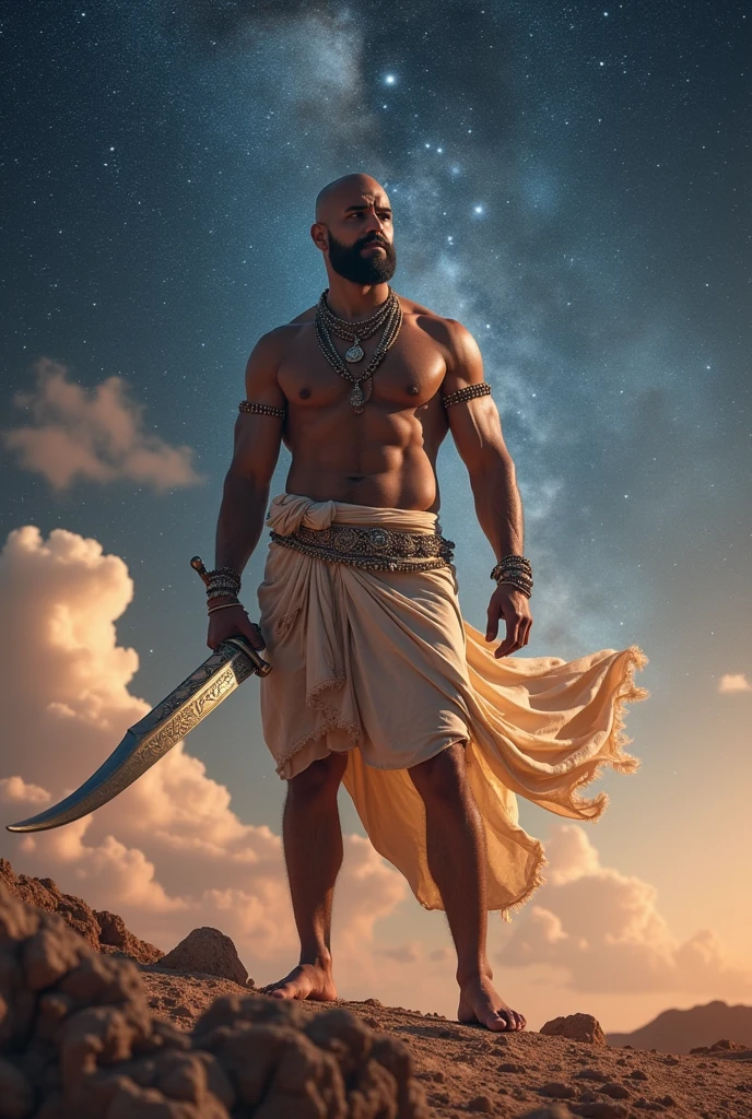 The most handsome man in universe with height of 6ft and a great strong PHYSIQUE like a warrior he is big and have sword in one hand and wearing dhoti with clean shaave