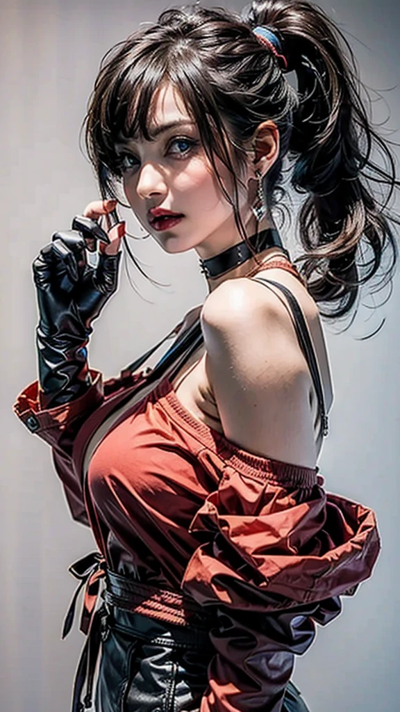 ((Beautiful Face:1.4)), (Purelos Face_v1: 1.0), Half Body,((White simple background)),one person, return,((Natural Big Breasts:1.0)), (Beautiful Japanese Women),bangs, Exposing shoulders, black gloves, Blue eyes, Braiding, choker, Earrings, fingerless gloves, From behind, gloves, Grey Hair, Holding, Jacket, jewelry, Long Hair, View your viewers, looking return, Manicure, Off the shoulder, Lips parted, Earrings, ponytail, red Jacket, alone, Upper Body,[[Realistic]],(Glowing Skin),(masterpiece:1.4),(Highest quality:1.4)
