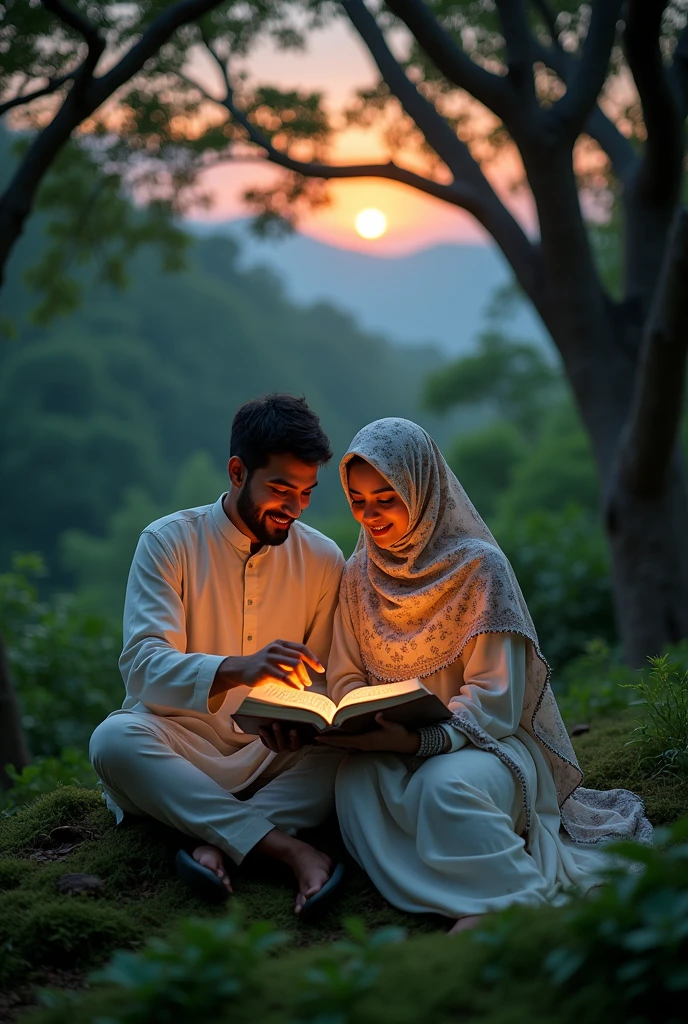 Male and female muslim read a book in jungle
Sky glow  
