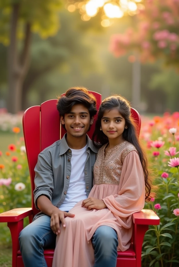 A  Indian teenager boy with thick black long hair is sitting on a red long chair in a park and he is wearing a grey shirt and white t-shirt and on his lap is sitting a 20 years old beautiful Arabian girl who is wearing an Indian suit and both are looking around towards the camera looking at beautiful scenery picture
