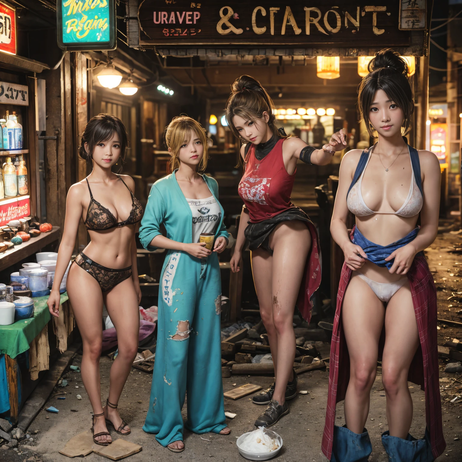 ((masterpiece、Highest quality))、Beautiful girls gather.、Three girls in summer clothes、(Detailed and cute face:1.3)、(Poor conditions、Dim and unsanitary、Standing Bar、みんなで楽しくdiet、Crumbling underground shopping mall、Showa Retro)、(tits:0.7、Pussy:0.5)、屋台のdiet店、stage、sewage、Dirty shop、street vendors、Unsanitary and abandoned city、smile、diet、Poor person々