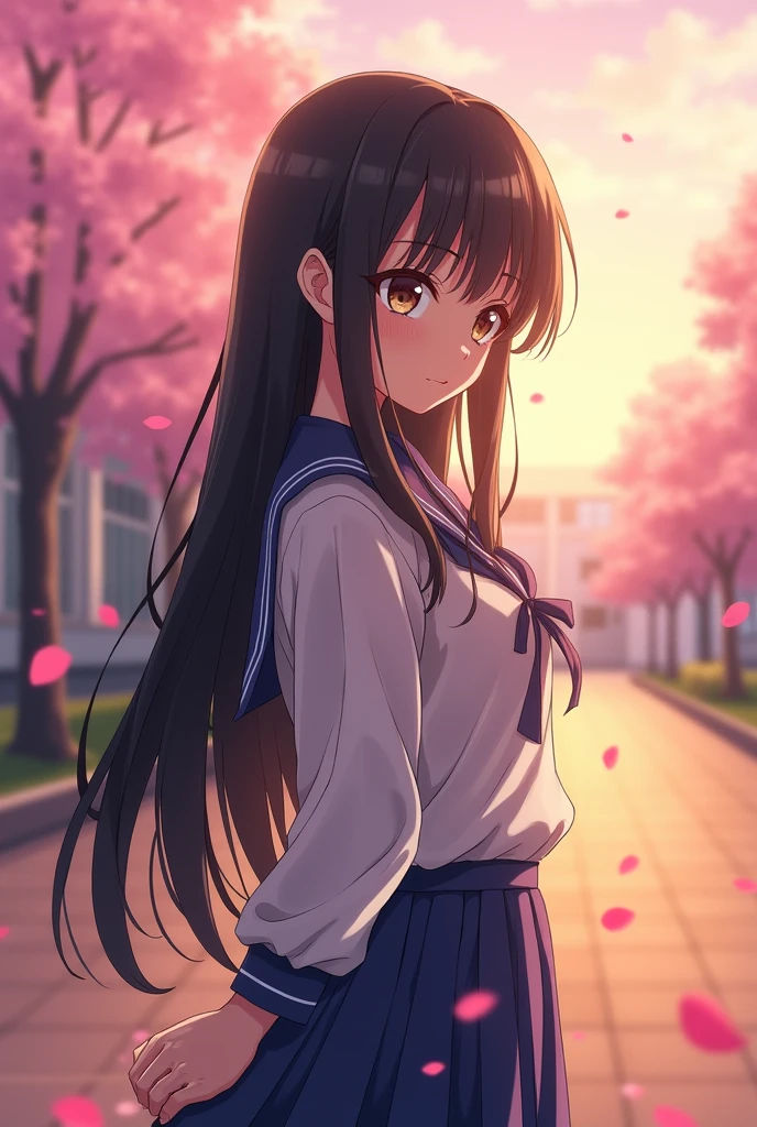 A female anime character with long black hair and a flat expression, but she is shy and wears a school uniform. She has a large chest and wants to be spoiled.