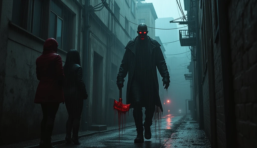 dark techno,cyberpunk, Scene 5: Inevitable fear
A terrifying figure appeared from the darkness, He had burns on his face、A man with eyes that emitted red light. A man approached, With a large, blood-soaked axe. They tried to escape, but、They were caught one by one. Farah's screams were the last to be heard before the old house fell silent again, Leaving only the heavy rain that continued to fall.
(Farah, Sisca is a woman and Lian, Andy is male)