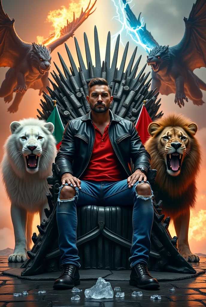 Create a man about 43 years old with ripped jeans , Wearing a red polo shirt and a black leather jacket, sitting on the Iron Throne with black boots , Next to him there are two lions, one white and one brown, roaring, and two Mexican flags between his hands and shoulders.,On the left side there is a dragon breathing fire while flying, and on the right side a dragon flying and shooting lightning from its mouth.. You can see the text "OMEY" There are melted ice cubes with water on the floor. Everything is well detailed, Luxury premiere style. Camera shot of 10k