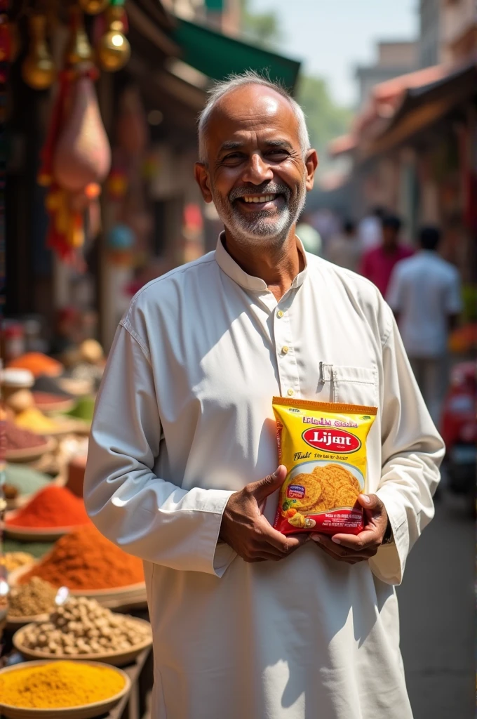 A man holding shri mahila griha udyog lijjat papad packet