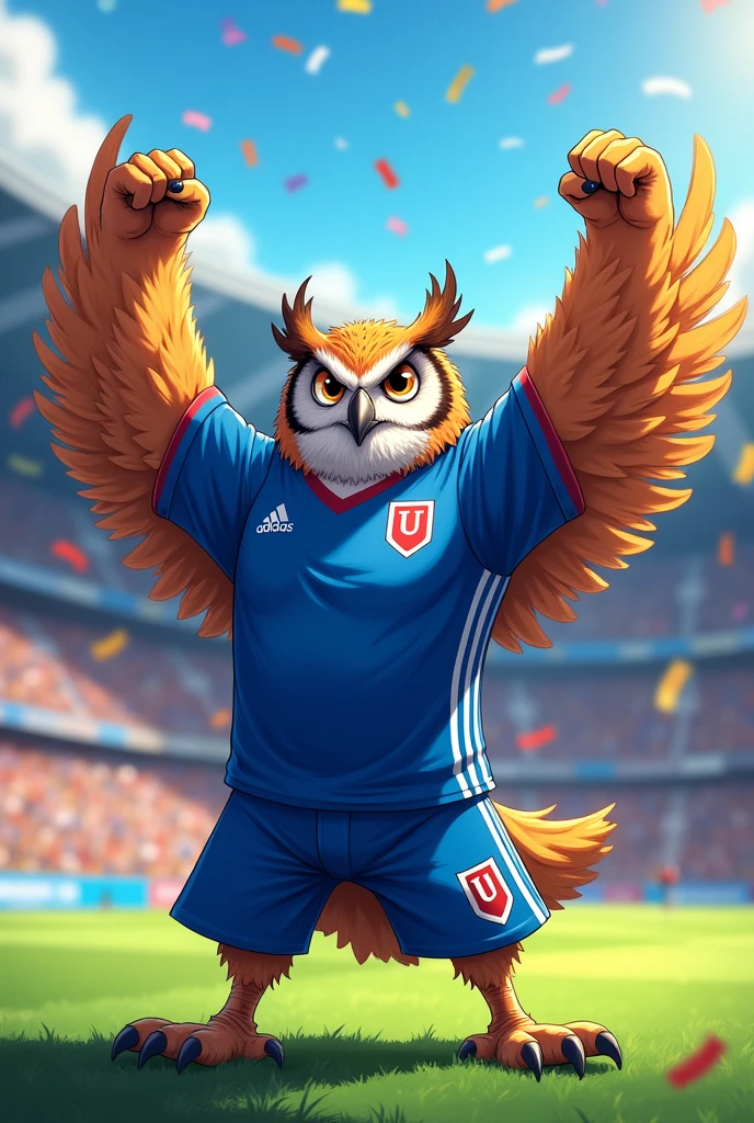 Owl, body, Love, muscular, blue soccer jersey, a red U with a white border on the upper left side, white Adidas logo on the upper right side, blue shorts and small Adidas logo on the bottom, street fighter style anime, celebrating a goal