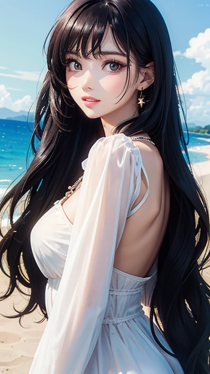 (masterpiece,Highest quality,,8k,High resolution),One female,,Beautiful Face,Beautiful Face,Beautiful eyes,Beautiful lips,,Black Hair,look back,,flower,Sandy beach with a view of the forest,A bright night with stars visible,jewelry,Holding,Long sleeve,necklace,Long Hair,dress,(whole body),Highly detailed anime art,