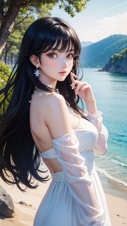 (masterpiece,Highest quality,,8k,High resolution),One female,,Beautiful Face,Beautiful Face,Beautiful eyes,Beautiful lips,,Black Hair,look back,,flower,Sandy beach with a view of the forest,A bright night with stars visible,jewelry,Holding,Long sleeve,necklace,Long Hair,dress,(whole body),Highly detailed anime art,