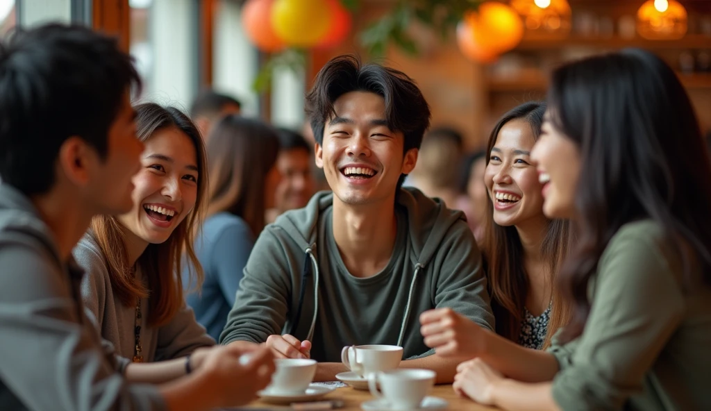 Image of many people laughing at a 22 year old Vietnamese man because when asked how much his salary was, he just smiled slightly.
