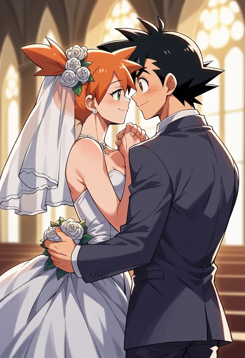 1boy, black hair, brown eyes, hair between eyes, ash ketchum, groom, suit, handsome boy, macho, good looking boy 1girl, misty pokemon, orange hair, hair down, green eyes, bride, pretty, beautiful girl photograph of a 18 years old couple, on their wedding, on a church, they're showing off their love and affection for each other, they're caressing