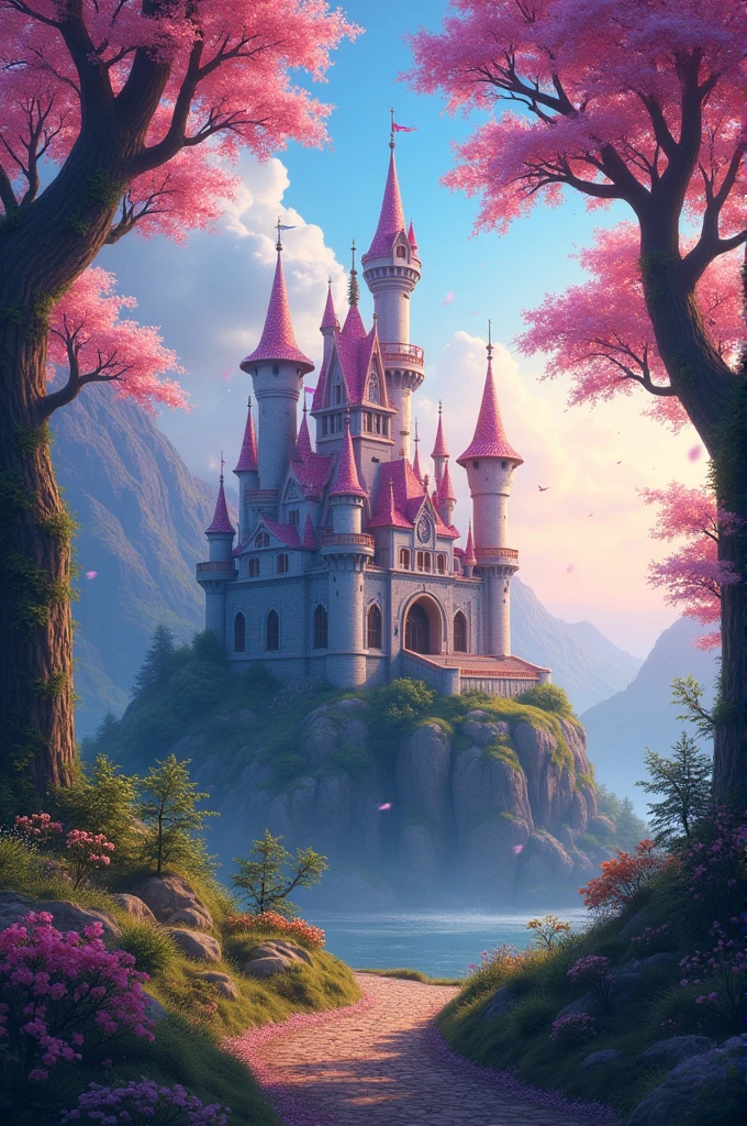 magic princess castle, fantasy mystical kindle in the woods, colors of the rainbow