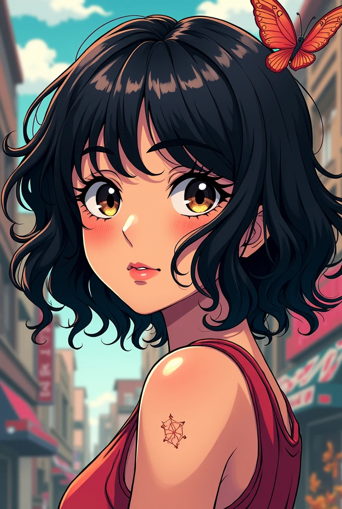 Draw an illustration of a girl with black hair, Wavy, with a cut cut or butterfly cut below the shoulders, Brown eyes,and also have that birthmark on her shoulder, jojo&#39;s anime style