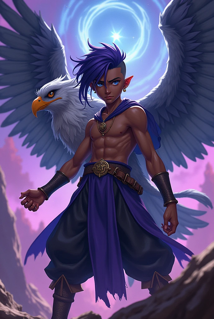 elfo, brown skinned, 20 year, shaved hair on the sides, cabelo roxo, blue colored eyes, Mancino, and he is a wizard, seu pet é um grifo é anime version, Make him look like a teenage badass with an incredibly powerful pose., anime version, He has to be an anime , use the Mushoku Tensei style