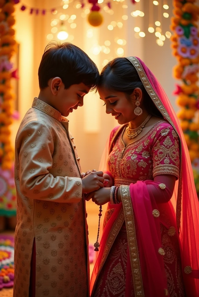 Create a post showing the bond between brother and sister wearing Indian attire, with a colourfull family background. Sister tieing rakhi to her brother' right hand
