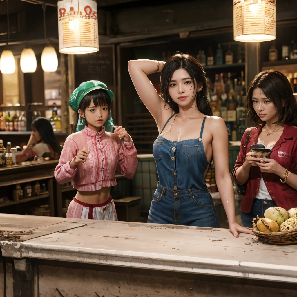 ((masterpiece、Highest quality))、Beautiful girls gather.、Three girls in summer clothes、(Detailed and cute face:1.3)、(Poor conditions、Dim and unsanitary、Standing Bar、みんなで楽しくdiet、Crumbling underground shopping mall、Showa Retro)、(tits:0.6、Pussy:0.6)、屋台のdiet店、stage、sewage、Dirty shop、street vendors、Unsanitary and abandoned city、smile、diet、Poor person々
