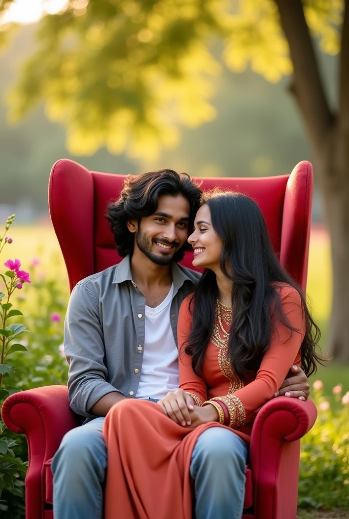 A 18 years old Indian teenage young boy with thick black long hair is sitting on a red long chair in a park and he is wearing a grey shirt and white t-shirt and on his lap is sitting a 20 years old beautiful Arabian young girl who is wearing an Indian suit and both are looking around towards the camera looking at beautiful scenery picture