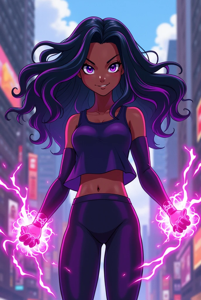 Boku No Héroe Academia screenshot of a girl with brown skin and wavy, jet-black hair with some purple streaks, Purple eyes with coffee and with the powers of Miss Heed from the Villanos series
