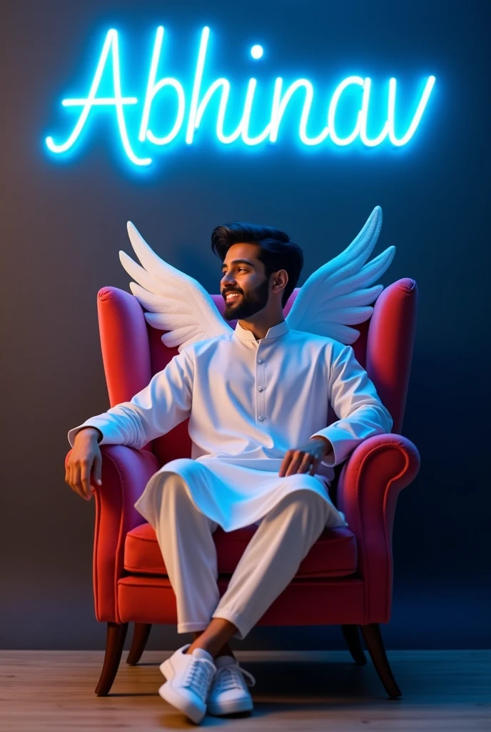 Create a stunning 3D profile picture where a young man (around 20 years old) with a charming smile sits casually on a velvet wingback chair. Dressed in a crisp kurta and white sneakers, he gazes confidently into the distance. Behind him, a vibrant blue neon sign spells out "Abhinav" in a bold, futuristic font against a deep charcoal wall. The scene is bathed in a warm, ethereal glow, highlighting his angelic presence with subtle, feathery wings.
