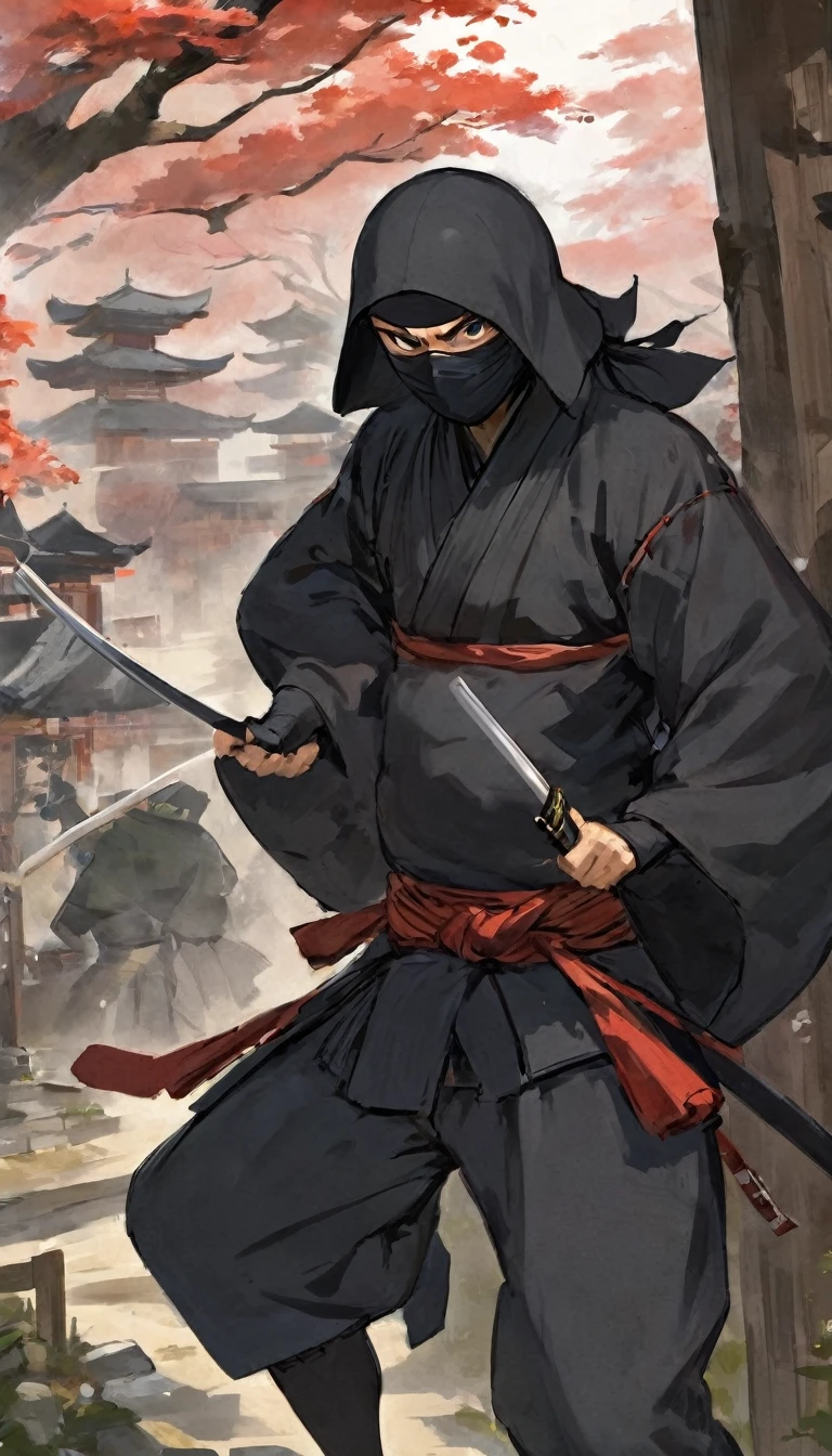 A ninja creeping up, but the samurai is already side-eyeing him like, “Really? You thought you could sneak up on me?” Intense but with a hint of “Not today, ninja!”
