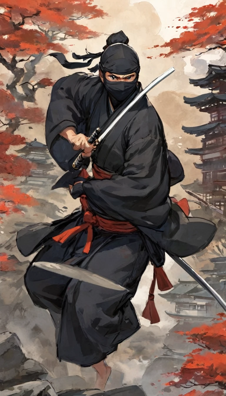 A ninja creeping up, but the samurai is already side-eyeing him like, “Really? You thought you could sneak up on me?” Intense but with a hint of “Not today, ninja!”