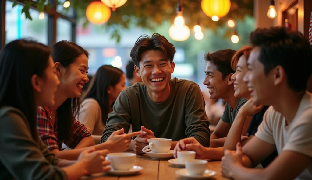 Image of many people laughing at a 22 year old Vietnamese man because when asked how much his salary was, he just smiled slightly.
