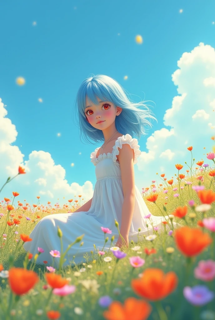 ((best quality)),((masterpiece)),((ultra-detailed)),(illustration),(detailed light),(an extremely delicate and beautiful),((trim)),incredibly_absurdres,(ray tracing),(reflection light),((Movie Poster)),(signature:1.3),(English text:1.3),BREAK (8k:1.3),Wallpaper,1girl,(girl middle of flower:1.4),(pure skyblue hair, red eyes:1.5),clear sky,outside,ultra-detailed,best quality,extreme quality,Masterpiece,beautiful,pretty,sitting on the ground,(absurdly long hair, clear boundaries of the cloth:1.4),(pure white dress, pure white silk cloth:1.5),(ground of flowers, thousand of flowers, colorful flowers, flowers around her, various flowers:1.51),young,stunning,attractive,sundress,fantastic scenery,pure white shoes,