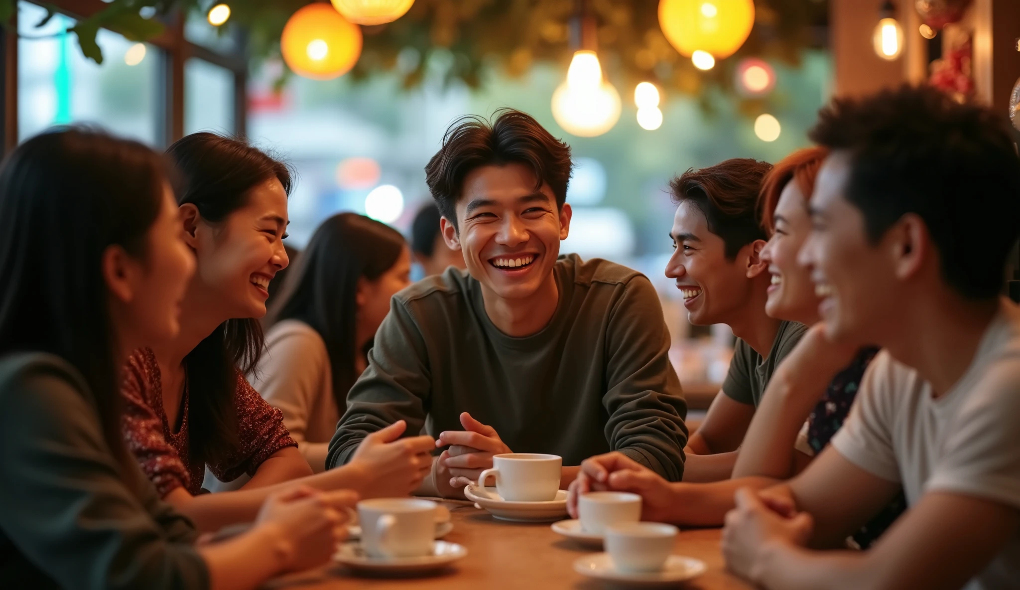 Image of many people laughing at a 22 year old Vietnamese man because when asked how much his salary was, he just smiled slightly.
