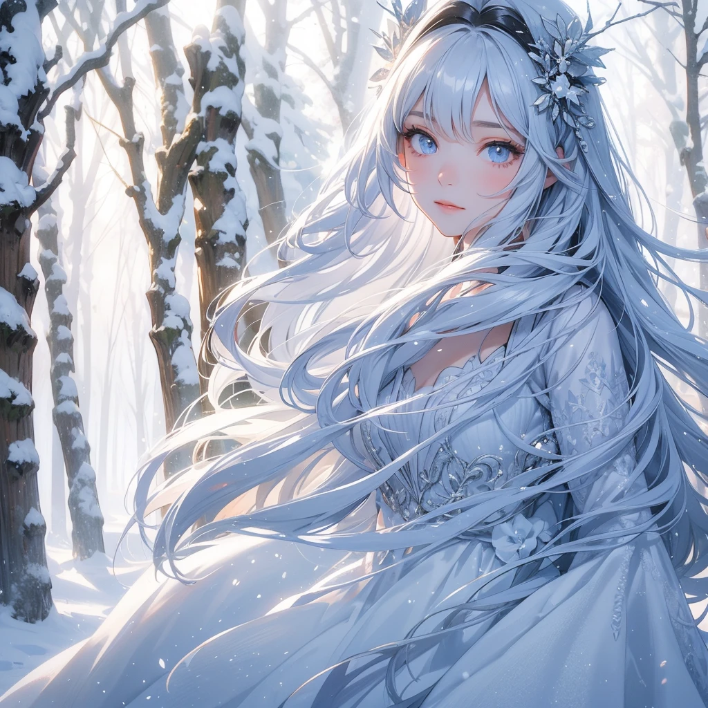 A beautiful girl with long hair, Walking in a forest covered in white snowstorms. A very strong blizzard The trees were completely covered with white snow, with the sun shining on her face, close up.