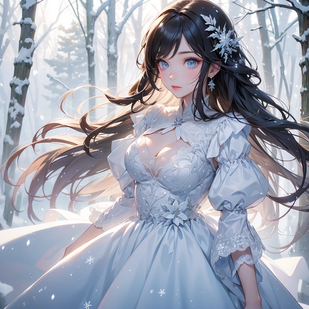 A beautiful girl with long hair, Walking in a forest covered in white snowstorms. A very strong blizzard The trees were completely covered with white snow, with the sun shining on her face, close up.