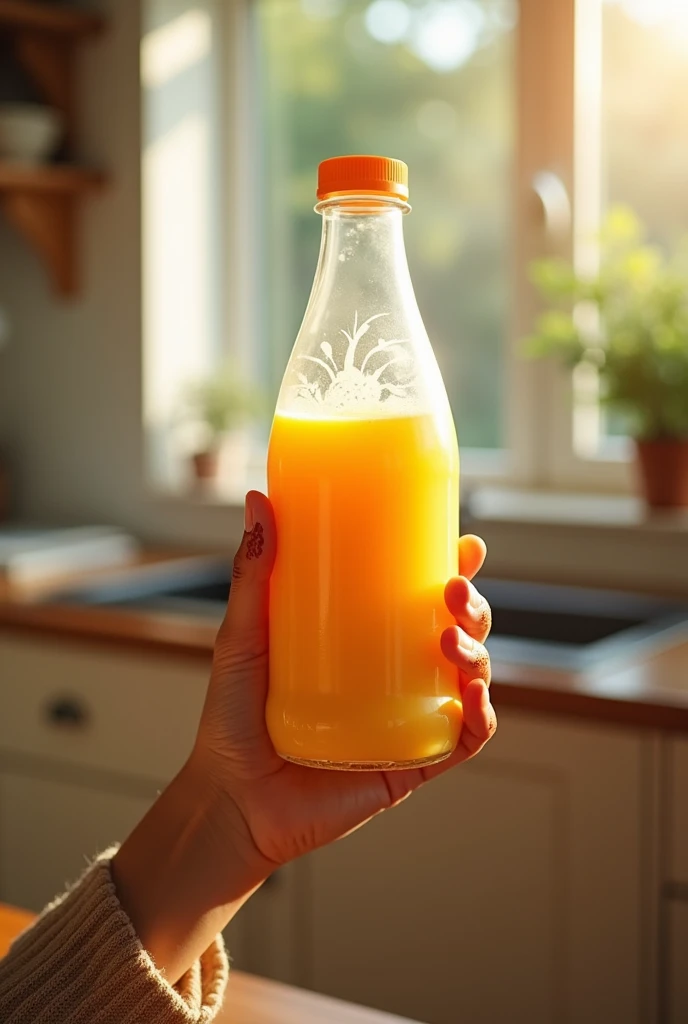 Realistic picture of a muslimah hand that hold a translucent plastic bottle 400 ml of yoghurt mango