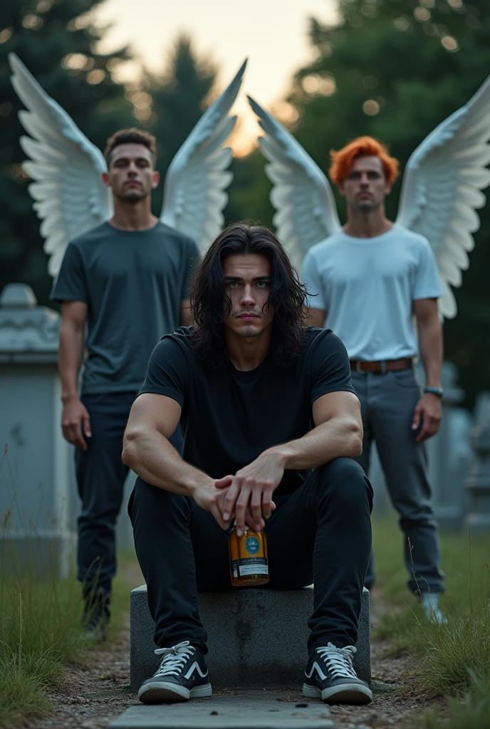 In the middle is a guy with long black hair, gray eyes, Beautiful face, beautiful body, black T-shirt, black trousers, crying, sits with a bottle of alcohol in a cemetery in front of a tombstone. There is a guy sitting on the right, blond, Beautiful, Pumped up body, in a gray shirt and white pants with large angel wings and brown eyes. On the left sits a guy with orange hair, in a white T-shirt and dark, and gray pants, Blue eyes, Large angel wings.