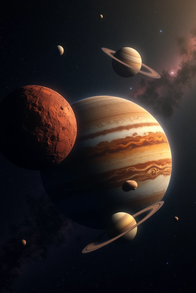 A visual of three planets in space, each with different characteristics. One planet is red and barren, symbolizing Mars. Another is a massive gas giant with a swirling storm, symbolizing Jupiter. The third planet has a golden hue with stunning rings around it, representing Saturn. Space is dark and full of stars in the background, with the sun slightly glowing at the edge.