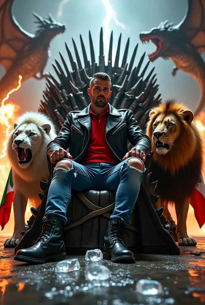 Create a man about 43 years old with ripped jeans , a player wearing a red polo and a black leather jacket, sitting on the iron throne with black lace-up boots , Next to him there are two lions, one white and one brown, roaring, and two Mexican flags between his hands and shoulders.,On the left side there is a dragon breathing fire while flying, and on the right side a dragon flying and shooting lightning from its mouth.. You can see the text "OMEY" There are melted ice cubes with water on the floor. Everything is well detailed, Luxury premiere style. Camera shot of 10k