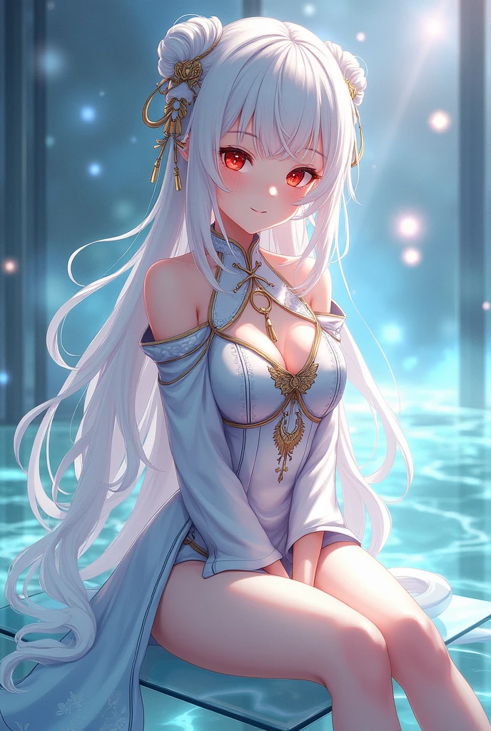 Ning Guang (Genshin), 1 girl, long hair, breasts, looking at viewer, blushing, bangs, large breasts, hair accessory, red eyes, dress, hugging, bare shoulders, closed mouth, white hair, heart, solo focus, looking back, facing away, sitting, sitting on glass chair, on glass panel, visible female genitalia, visible vagina, visible pussy, visible vagina, Chinese dress, tassels, cheongsam