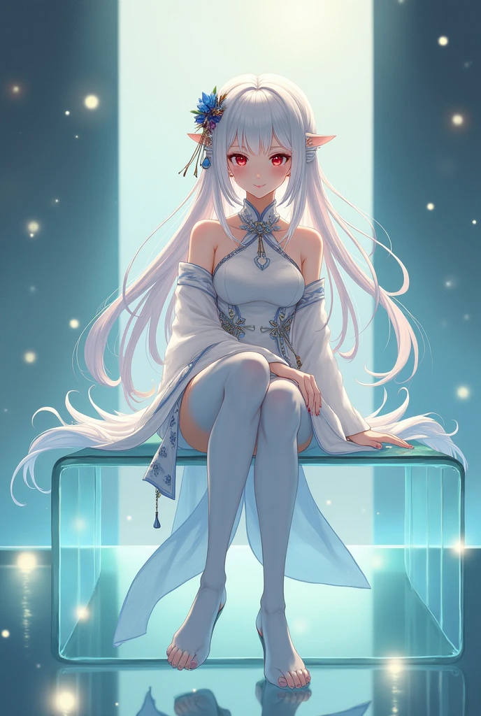 Ning Guang (Genshin), 1 girl, long hair, breasts, looking at viewer, blushing, bangs, large breasts, hair accessory, red eyes, dress, hugging, bare shoulders, closed mouth, white hair, heart, solo focus, looking back, facing away, sitting, sitting on glass chair, on glass panel, visible female genitalia, visible vagina, visible pussy, visible vagina, Chinese dress, tassels, cheongsam
