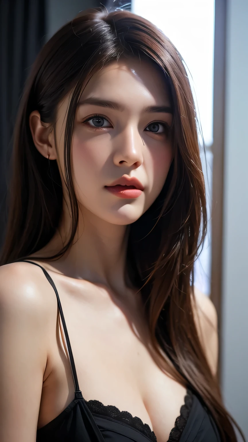 Realism Fusion, 8k, Highest quality, masterpiece, Ultra-high resolution, Very detailed, Ultra Photorealistic,20-year-old, one person's, Pale skin, Center of chest, Beautiful , Toned body, Oil, white hair color, Training wear. Pool,Transparent nipplesng Caution,