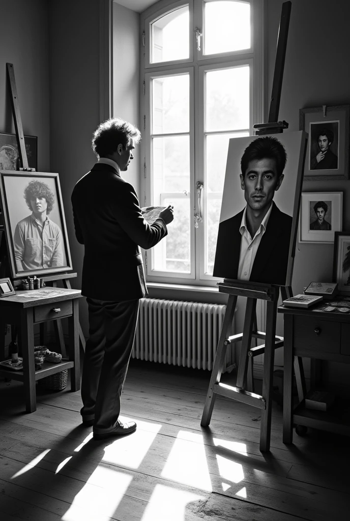 Un peintre peint Alain Delon jeune en noir et blanc. ECRIRE : ENTRE-DEUX-GUIERS"