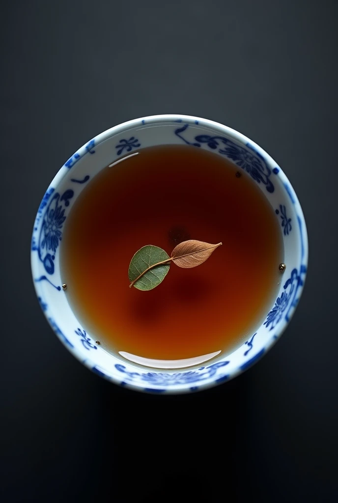 The camera looks down from directly above, capturing a Chinese blue and white porcelain teacup filled with a coffee-colored infusion of one bud and two leaves of Chinese high mountain tea.，((Right beneath the surface, You can see a single bud and two leaves of Chinese high mountain dried tea, which has been dried and is now a rich brown color, floating in the water.)),simple，Movie Lighting，专业photography，Studio Lighting，Black desktop background，photography，Intricate details，Ultra Detail，Hyper-photorealism，8K Ultra HD （（Top-down view，Top view, bird's eye view））